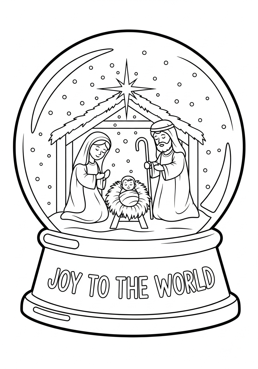 Snow globe joyful manger scene coloring page