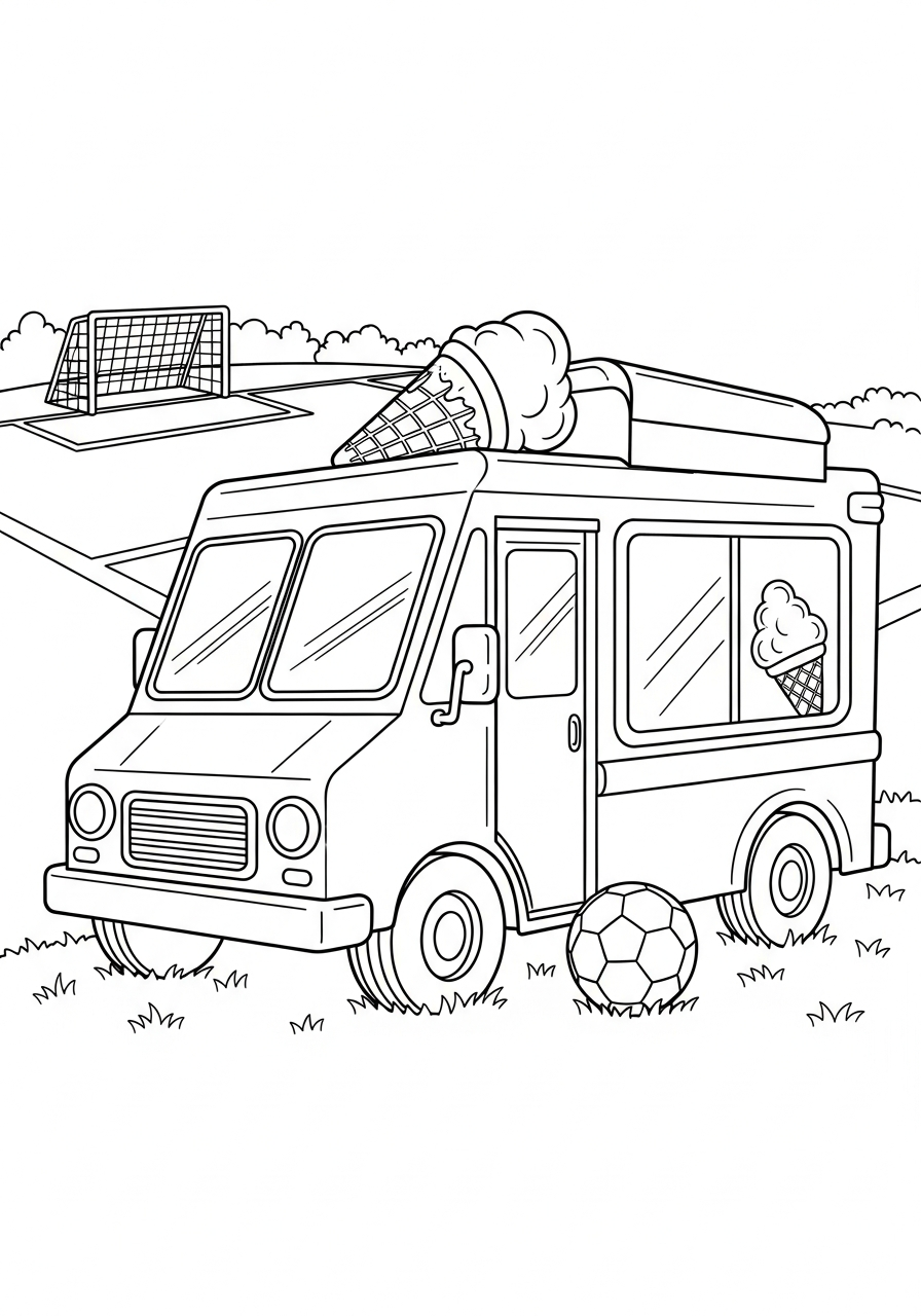 Soccer field sports ice cream truck coloring page