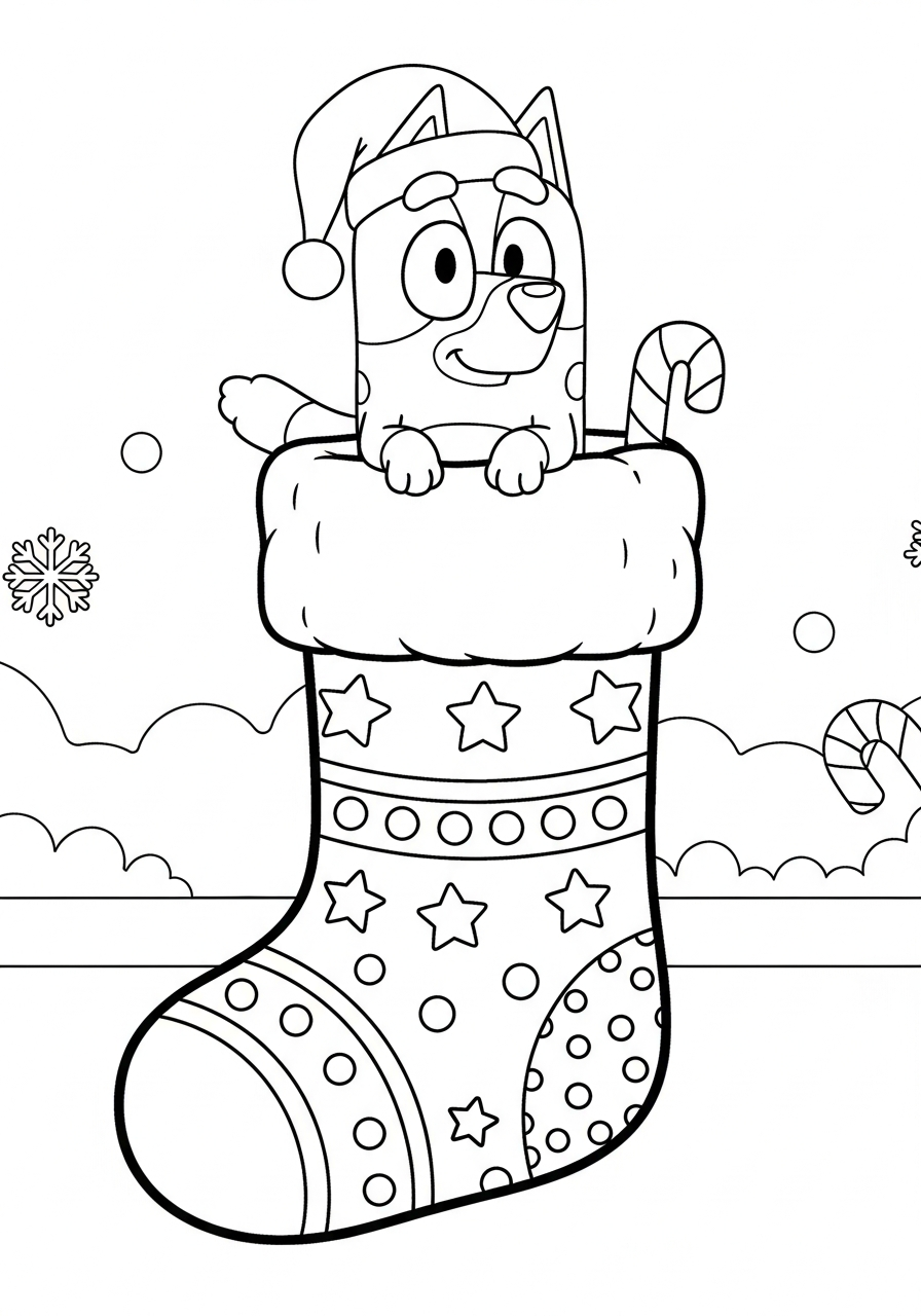 Bluey Christmas Coloring Pages 19 Socks sitting inside Christmas stocking coloring page