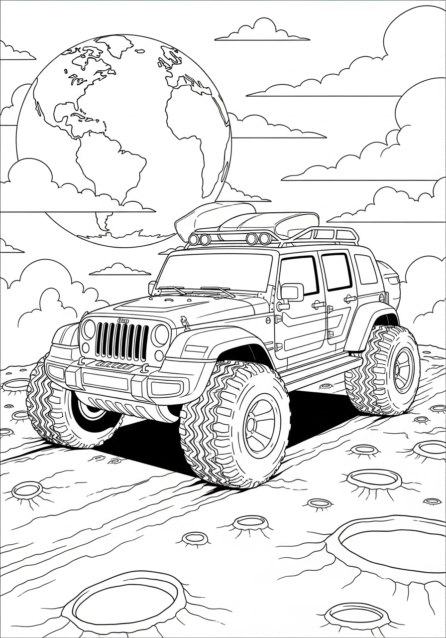 Jeep Coloring Pages 28 Space Jeep on moon coloring page