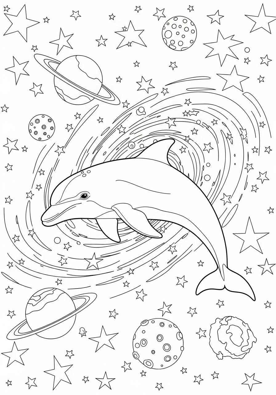 Dolphin Coloring Pages 31 Space dolphin swimming in galaxy coloring page