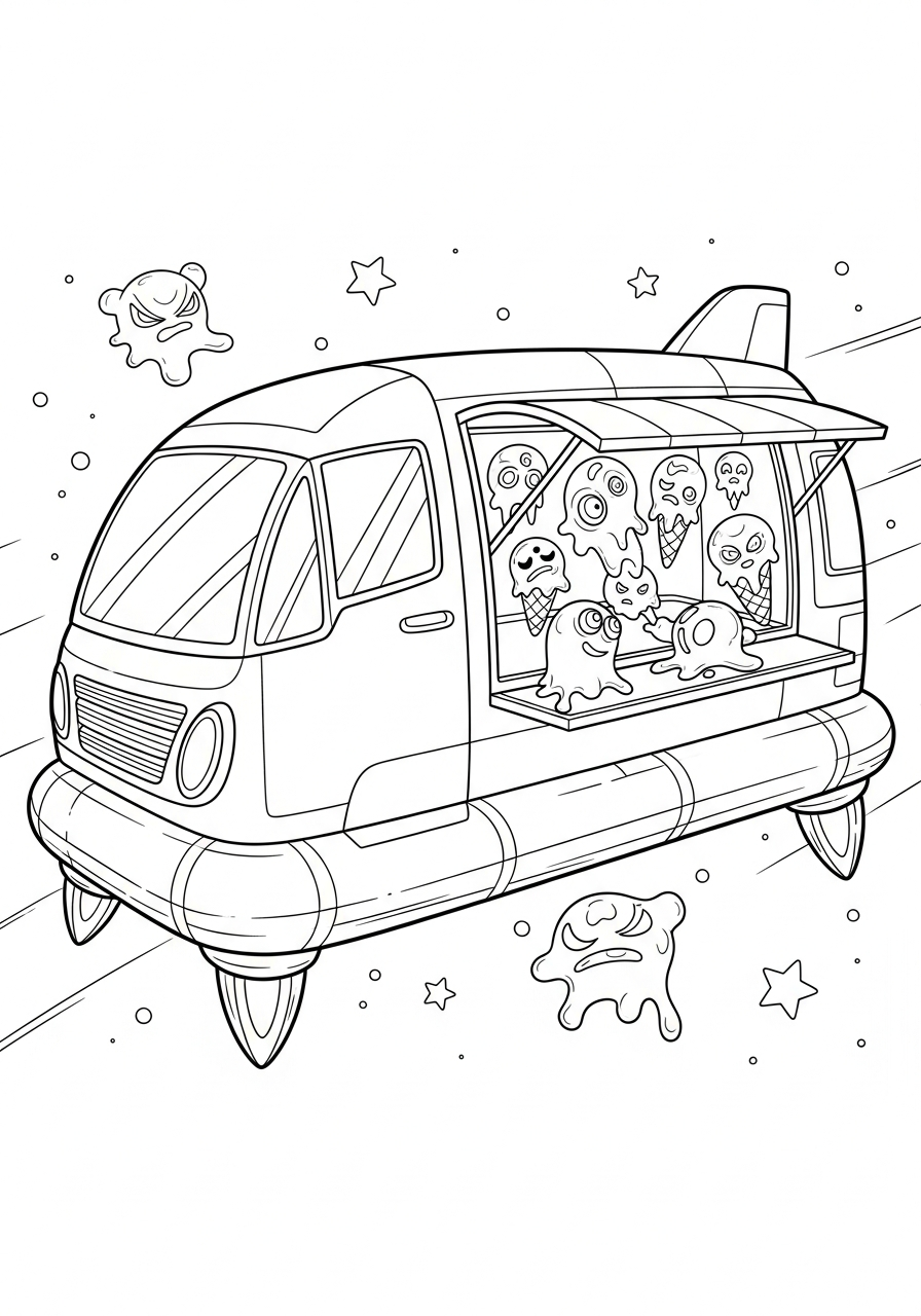 Space spaceship futuristic ice cream truck coloring page