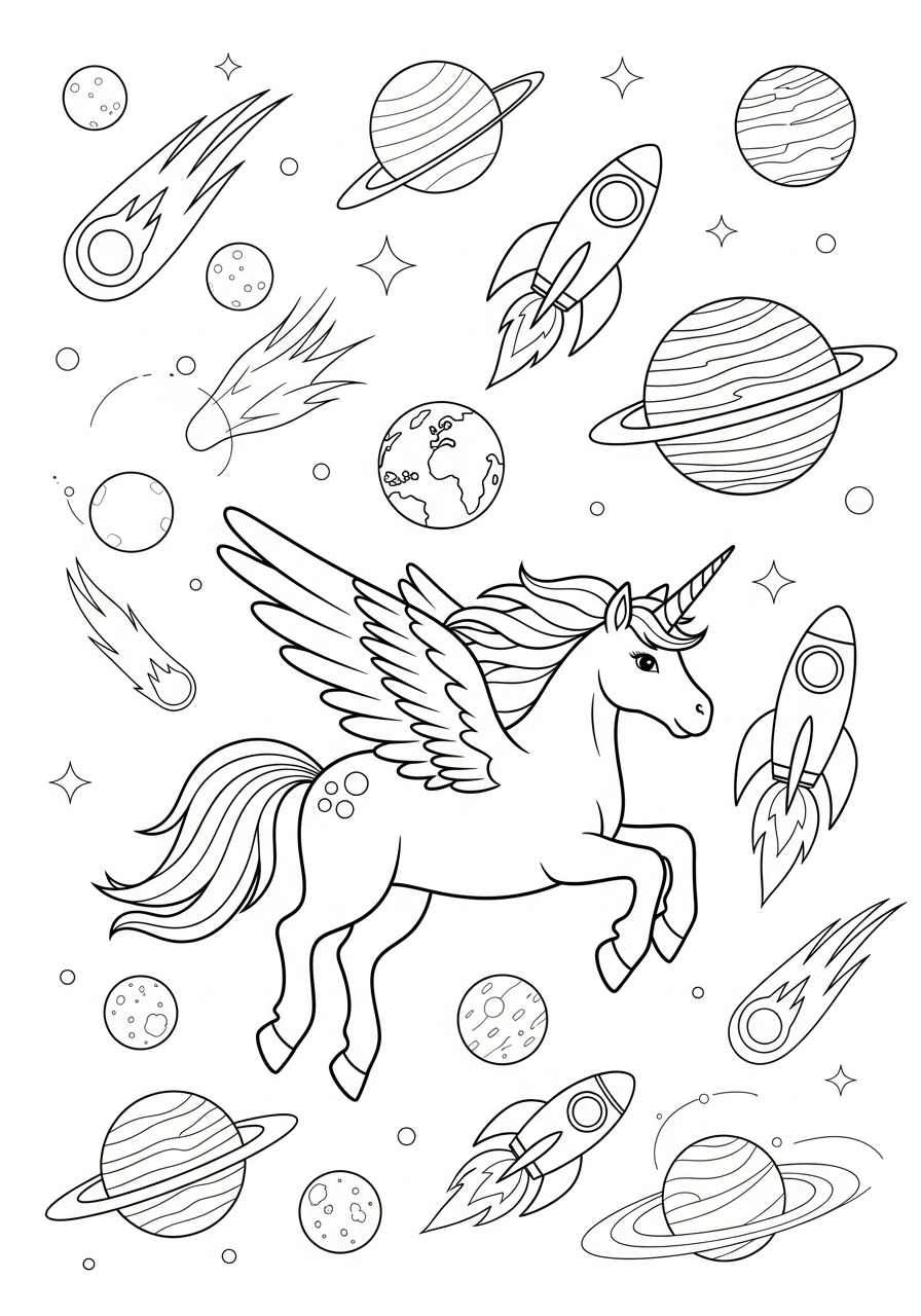 Unicorn Coloring Pages 19 Space unicorn flying past planets coloring page
