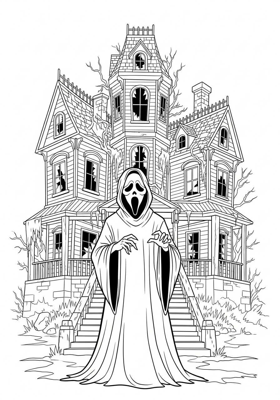 Spooky Ghostface at haunted house coloring page