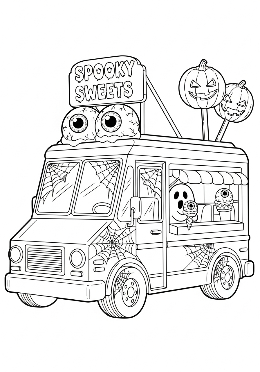 Spooky Halloween themed ice cream truck coloring page