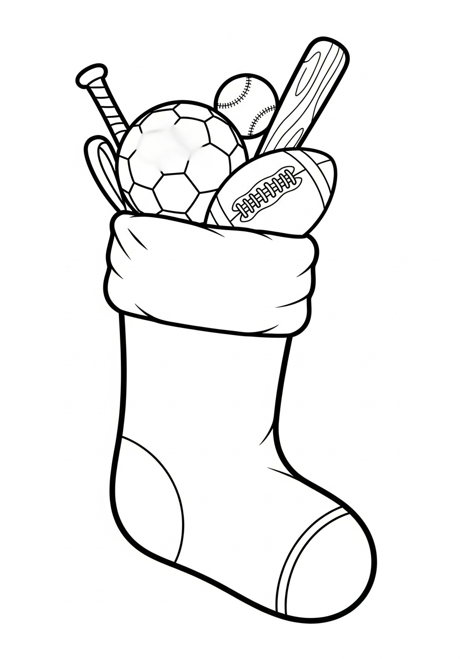 Sports equipment filled Christmas Stocking coloring page