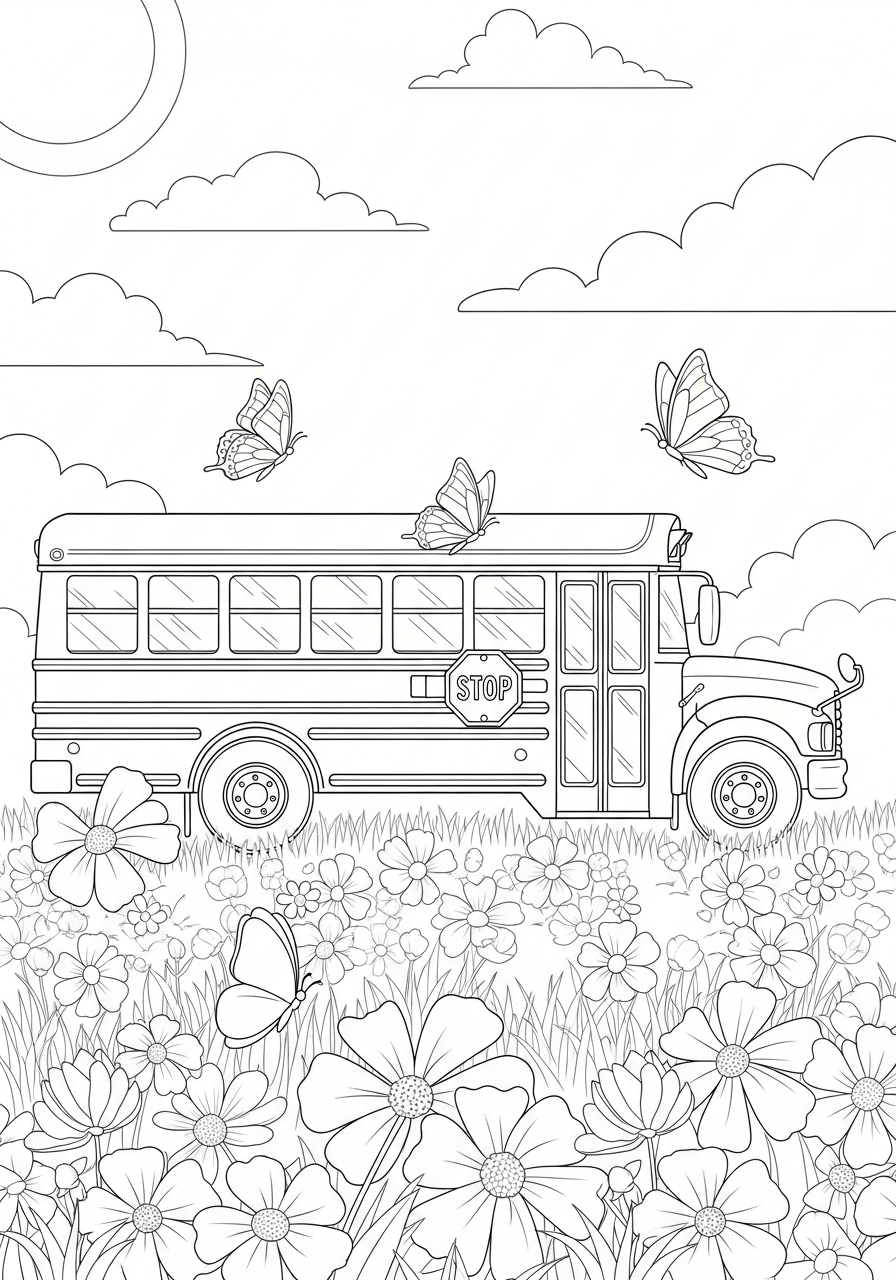 School Bus Coloring Pages 25 Spring flowers and School Bus coloring page