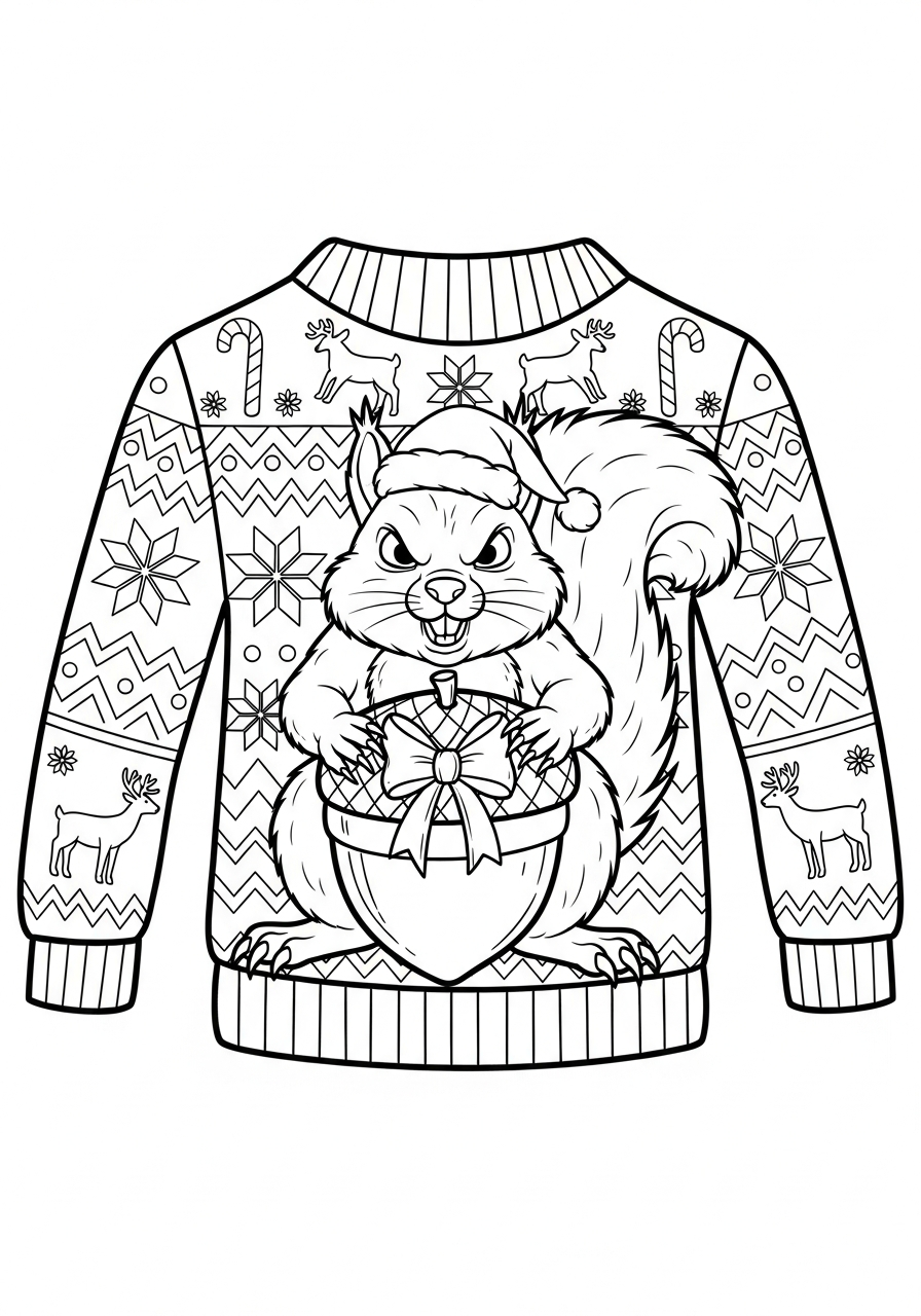 Ugly Christmas Sweater Coloring Pages 25 Squirrel acorn ugly Christmas sweater coloring page