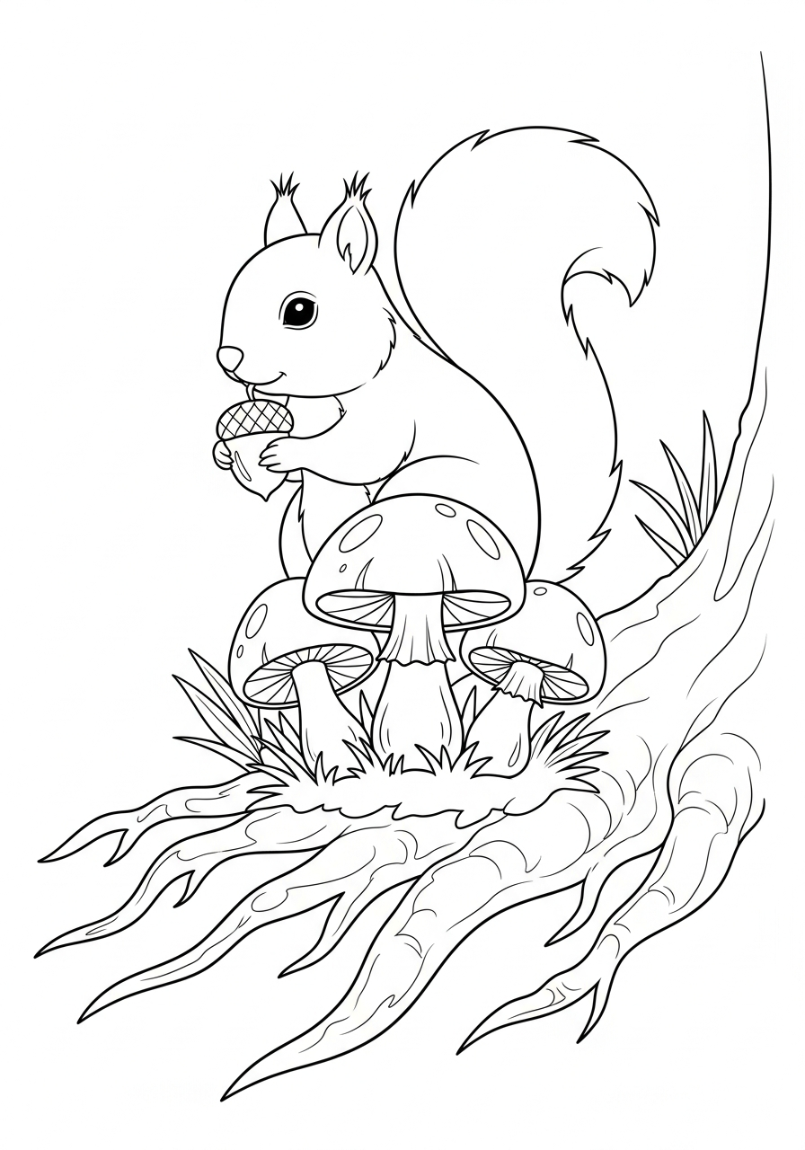 Mushroom Coloring Pages 28 Squirrel hiding acorn behind mushroom cluster coloring page