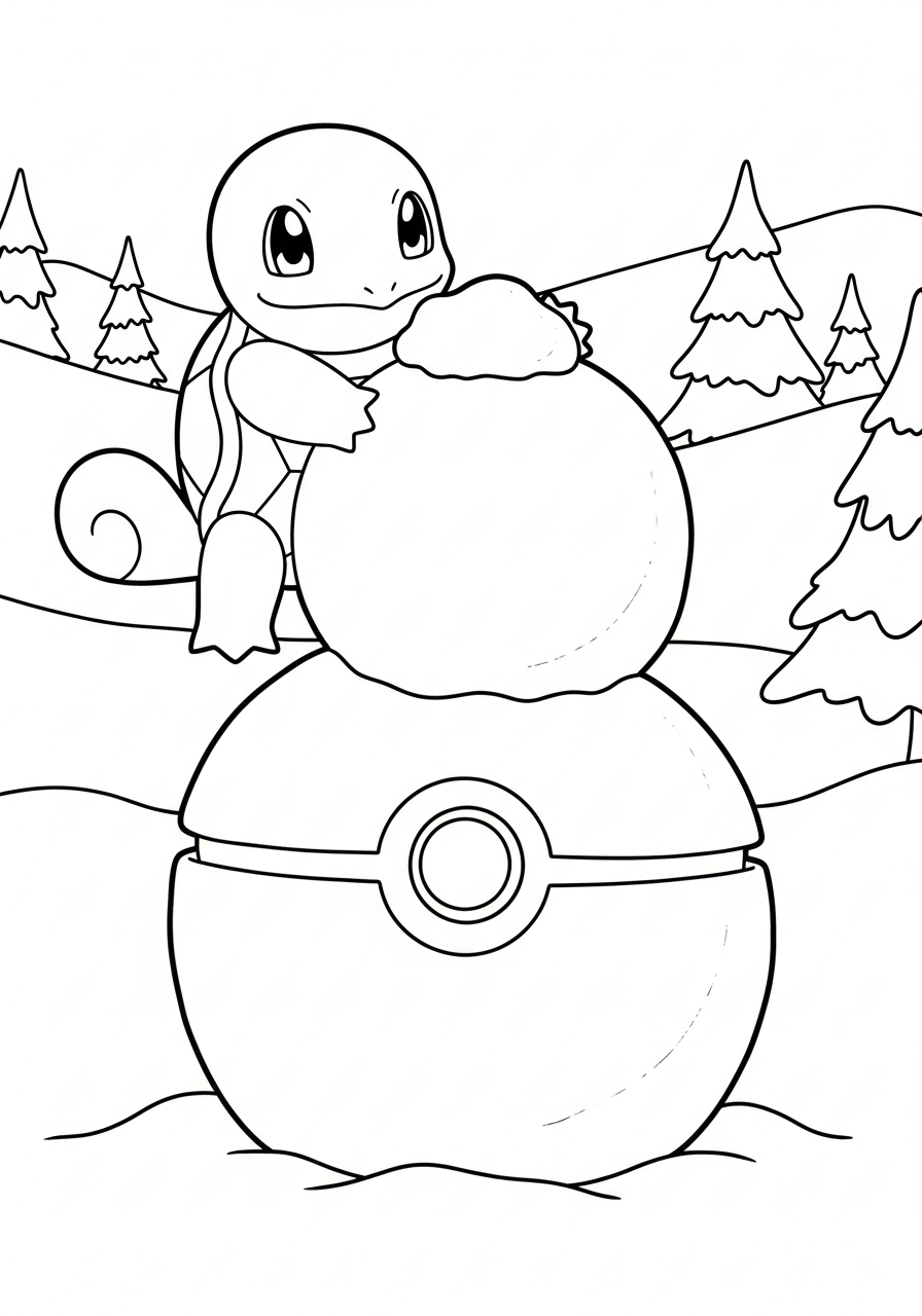Pokemon Christmas Coloring Pages 22 Squirtle building Pokeball snowman coloring page
