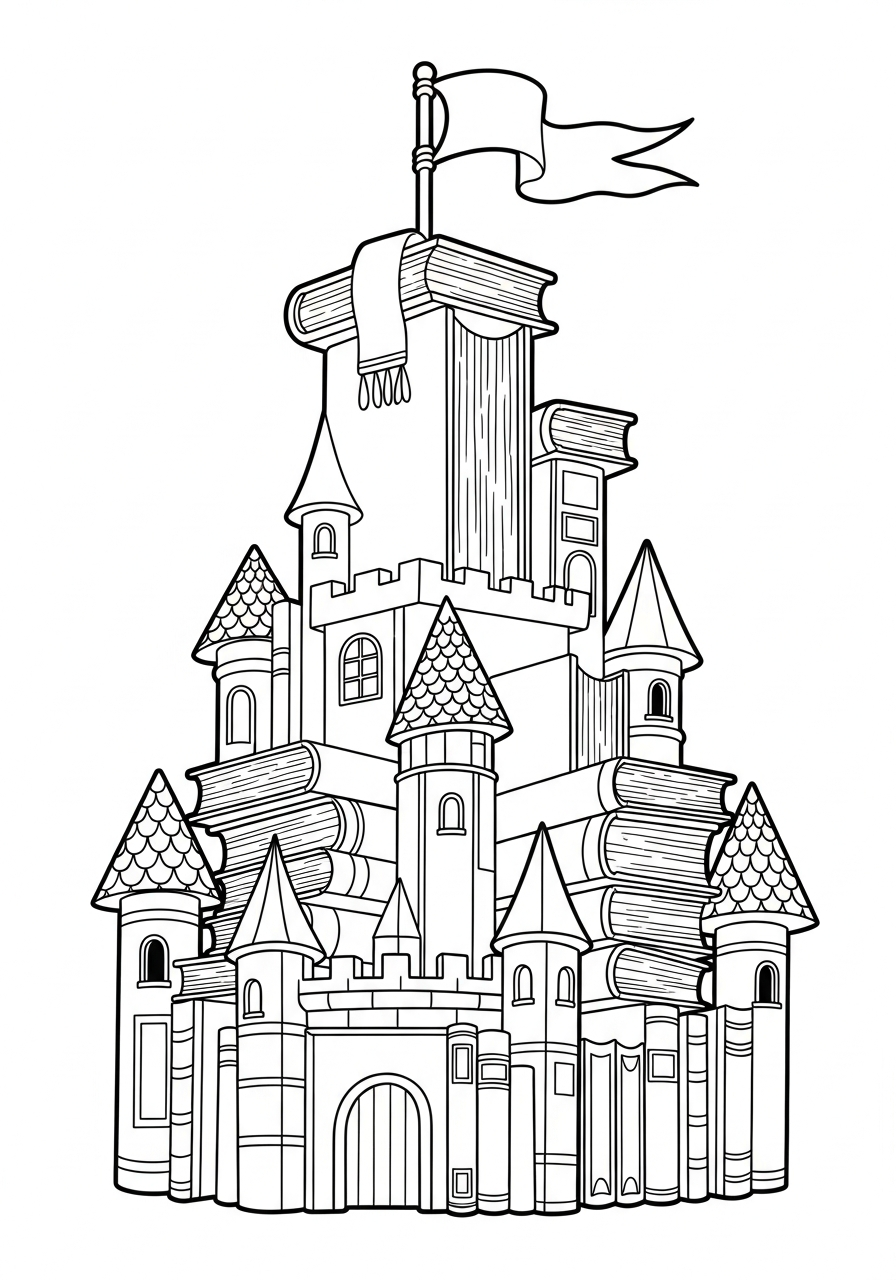 Castle Coloring Pages 19 Stack of books shaped like castle coloring page