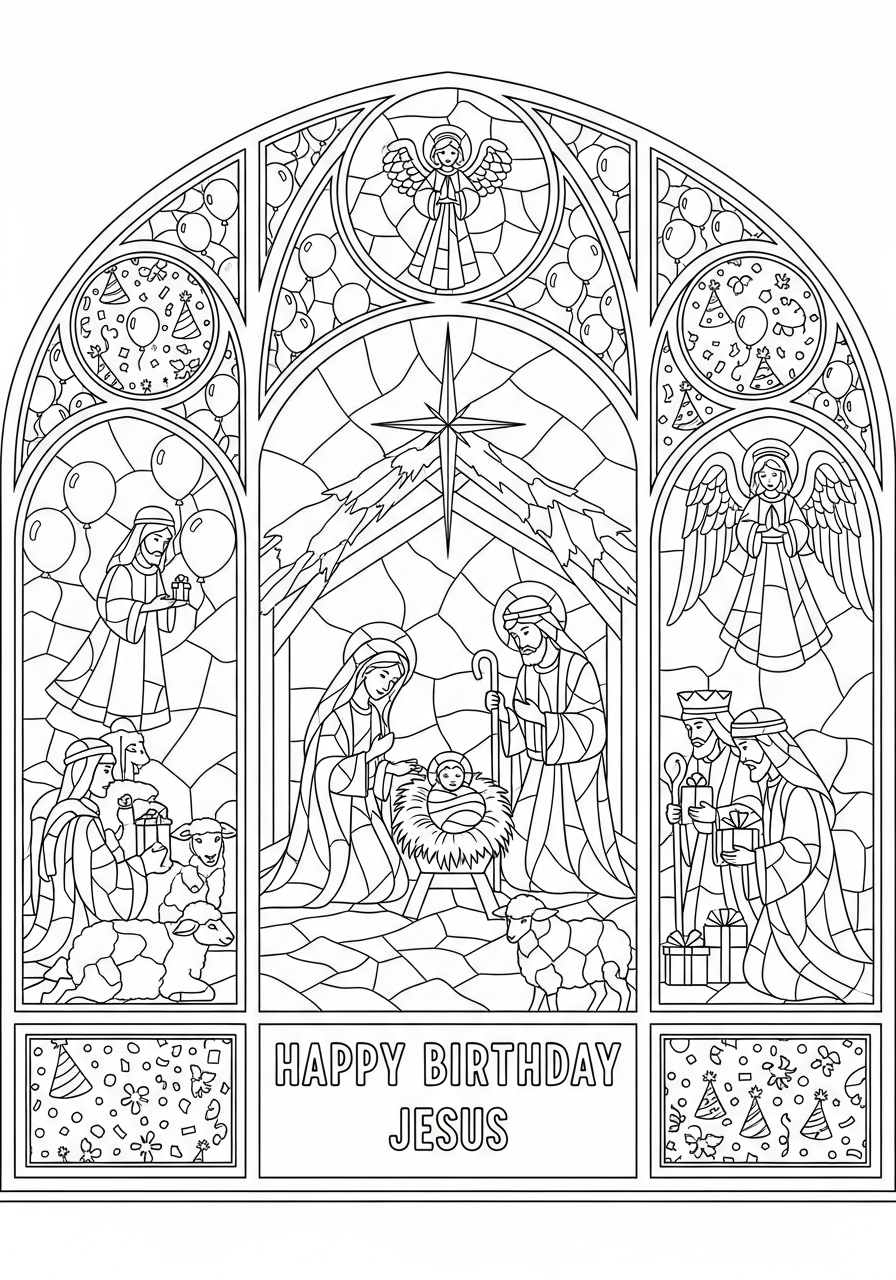 Stained glass Nativity scene style coloring page