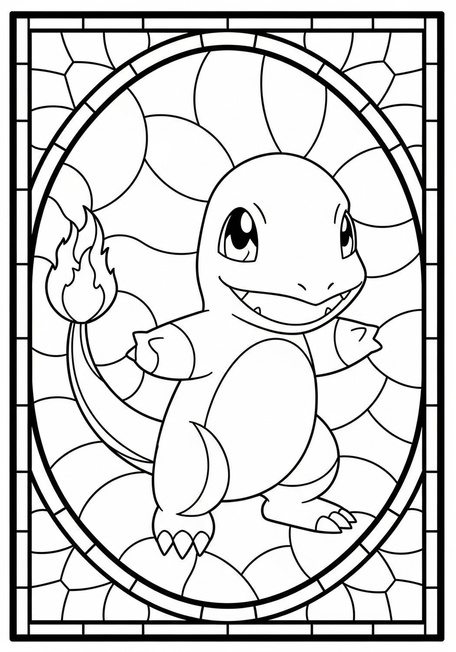 Charmander Coloring Pages 28 Stained glass style Charmander window coloring page