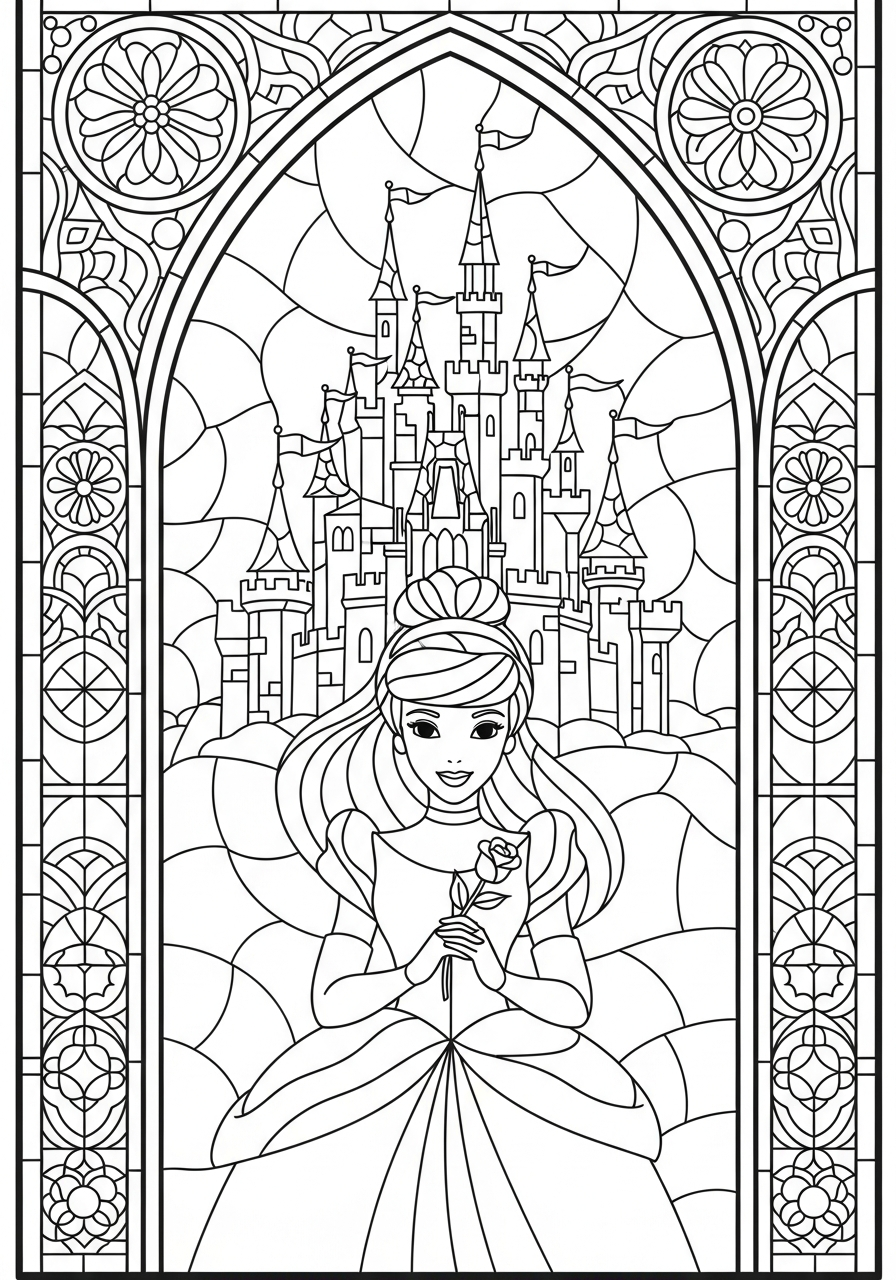 Stained glass style Cinderella castle coloring page