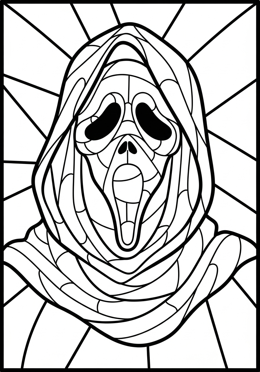 Stained glass style Ghostface mask coloring page
