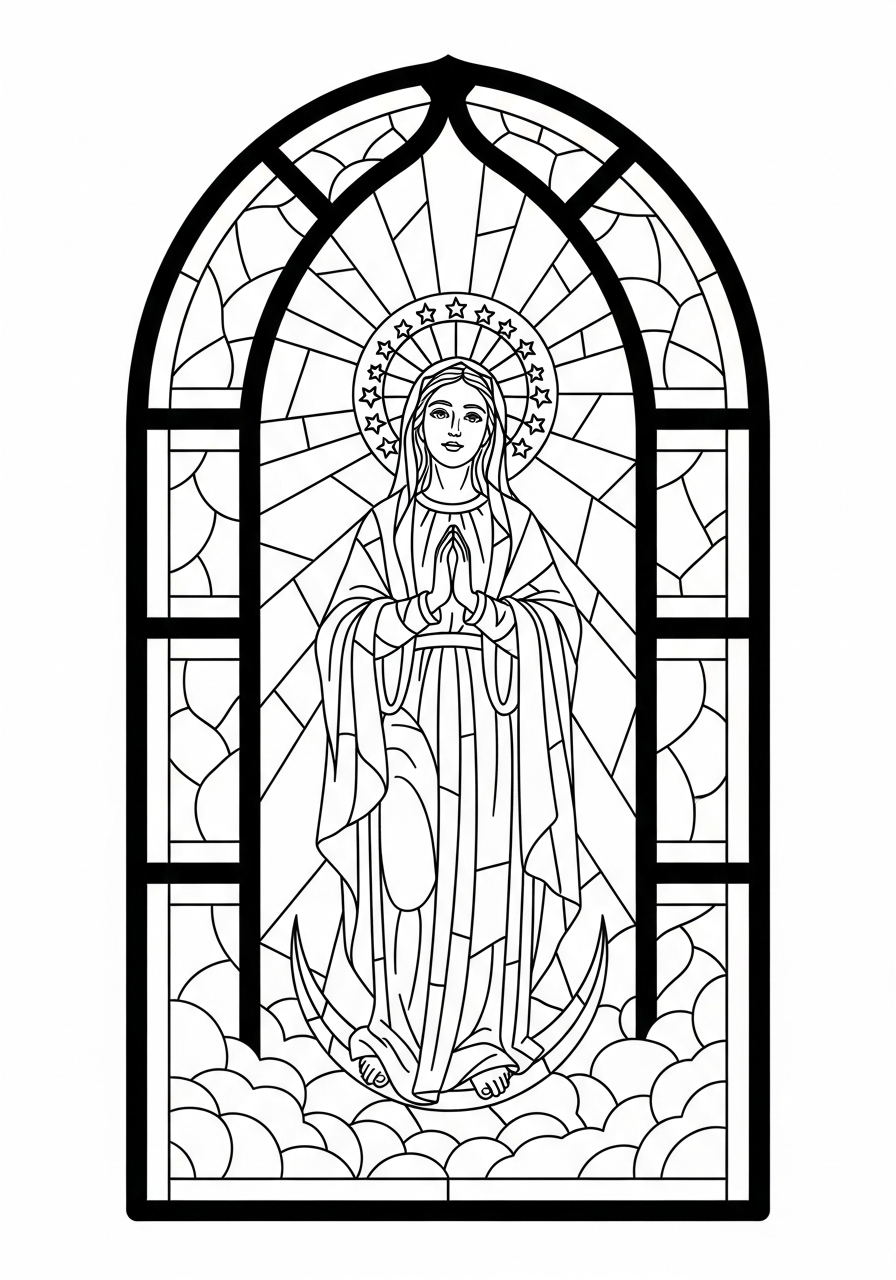 Stained glass style Virgin Mary coloring page