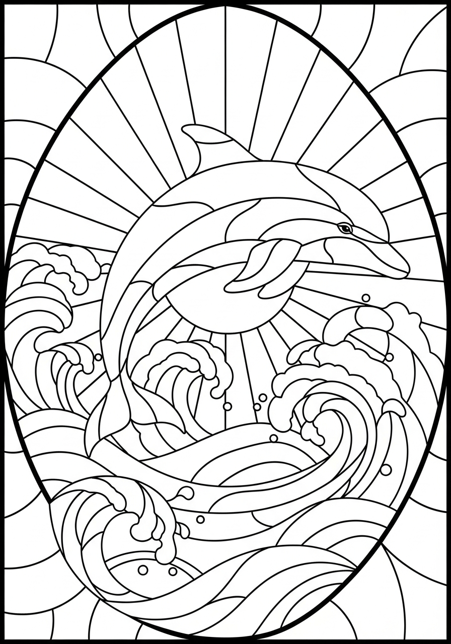 Dolphin Coloring Pages 32 Stained glass window style dolphin coloring page
