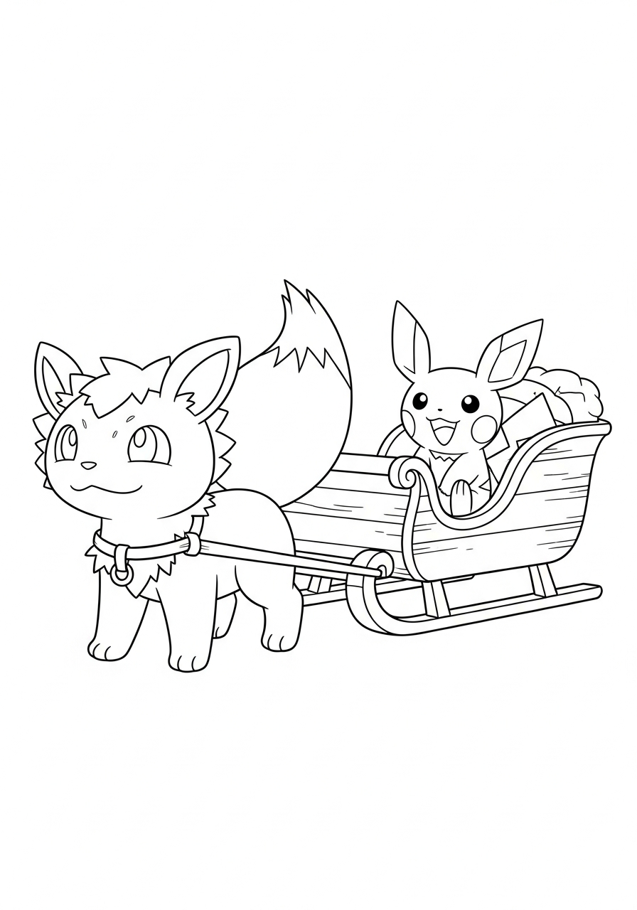 Pokemon Christmas Coloring Pages 23 Stantler pulling sleigh Pichu coloring page