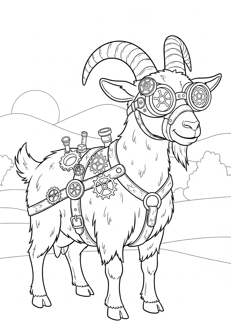 Steampunk goat with gears goggles coloring page