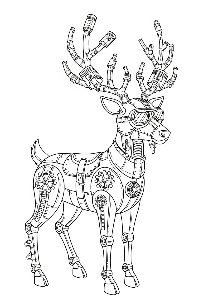 Reindeer Coloring Pages 29 Steampunk mechanical gear style reindeer coloring page