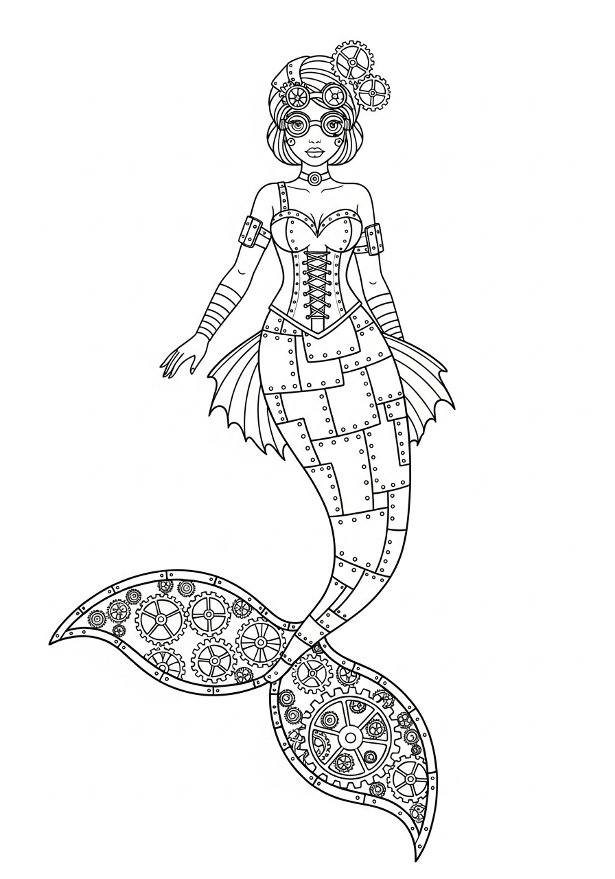 Mermaid Coloring Pages 31 Steampunk mermaid with mechanical tail coloring page