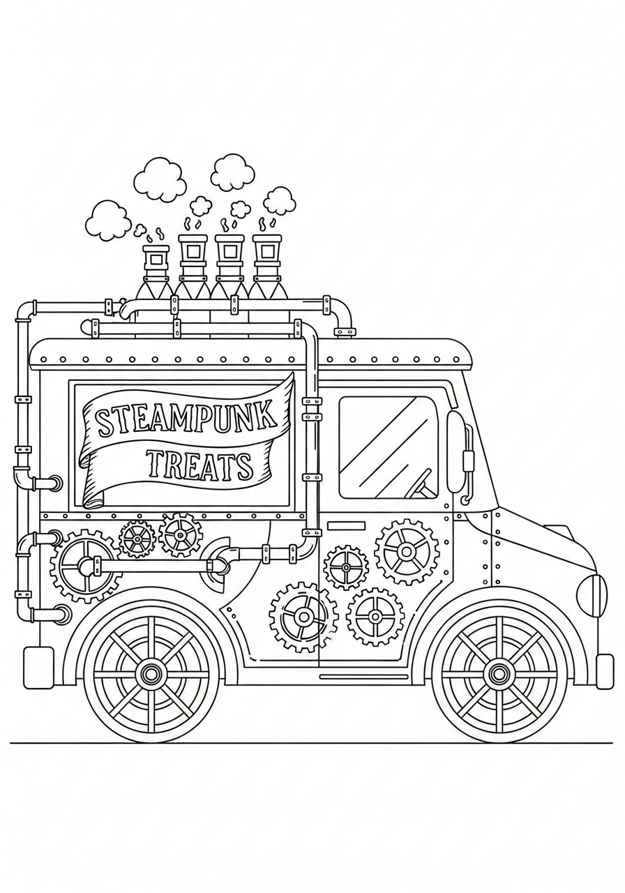 Steampunk style vintage ice cream truck coloring page