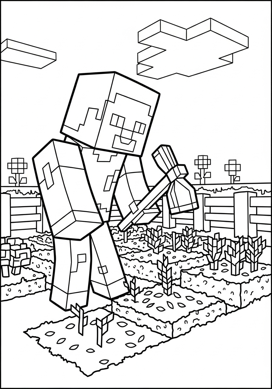 Minecraft Coloring Pages 20 Steve farming wheat Minecraft coloring page