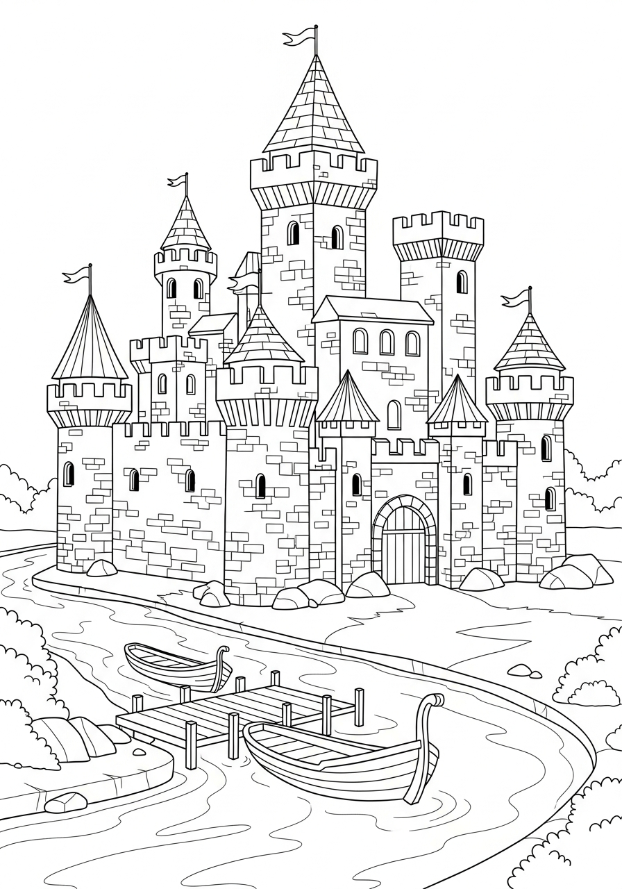 Castle Coloring Pages 20 Stone castle built by river coloring page