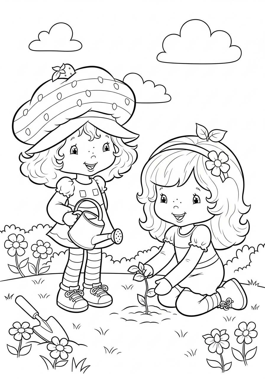 Strawberry Shortcake gardening friends coloring page
