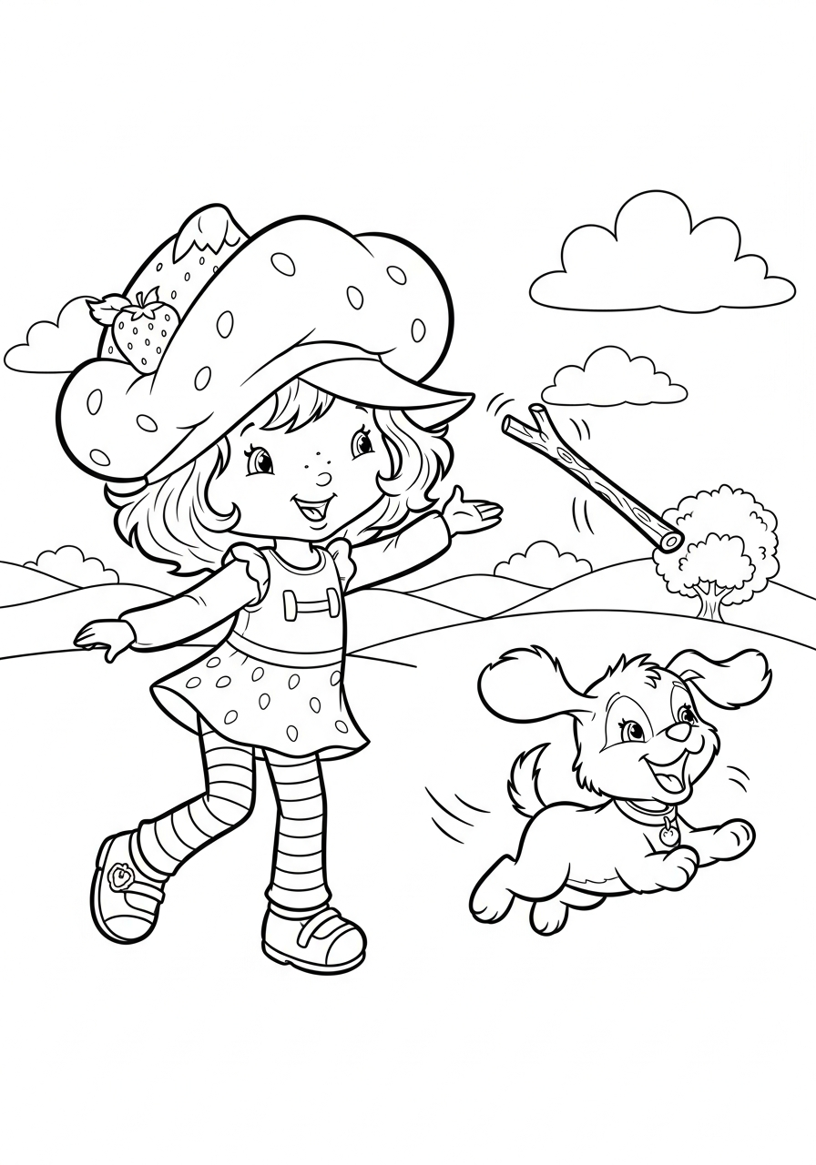 Strawberry Shortcake playing with Pupcake coloring page