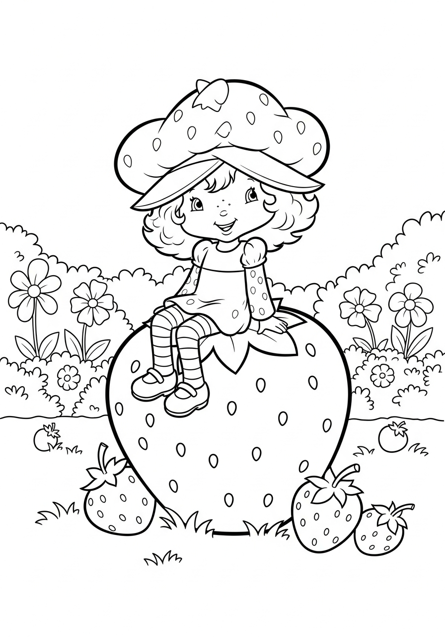 Strawberry Shortcake sitting on strawberry coloring page
