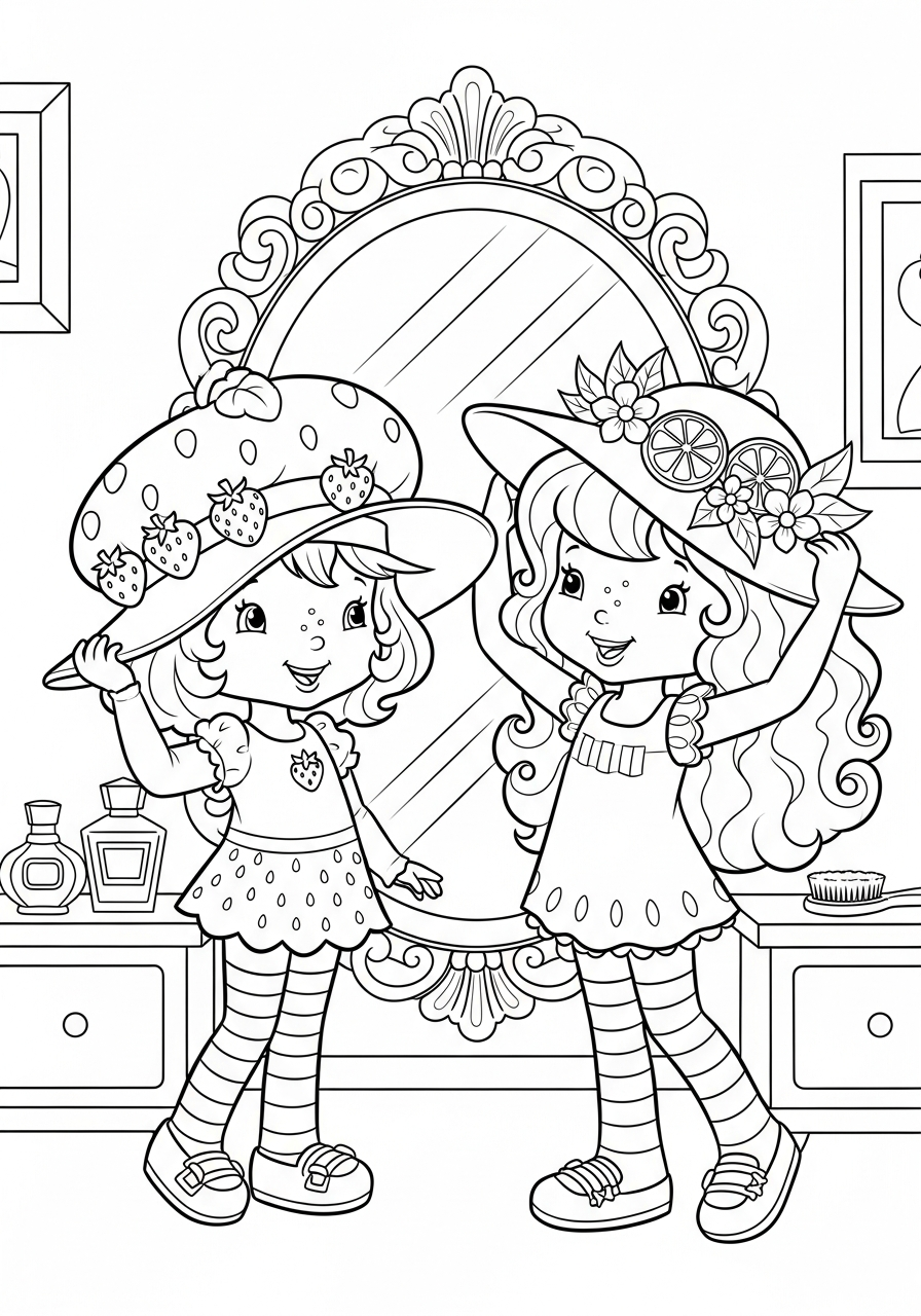 Strawberry Shortcake trying hats coloring page