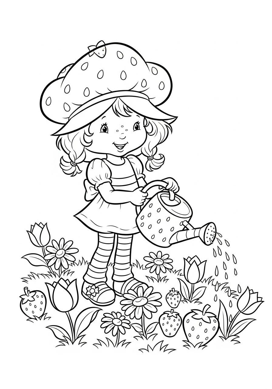 Strawberry Shortcake watering flowers coloring page