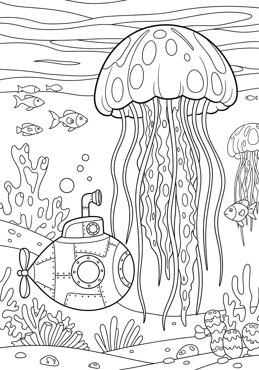 Jellyfish Coloring Pages 26 Submarine exploring near jellyfish coloring page