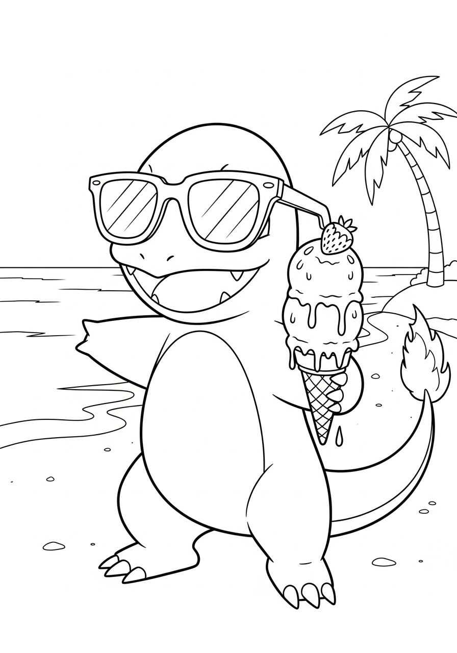 Charmander Coloring Pages 29 Summer Charmander with ice cream coloring page