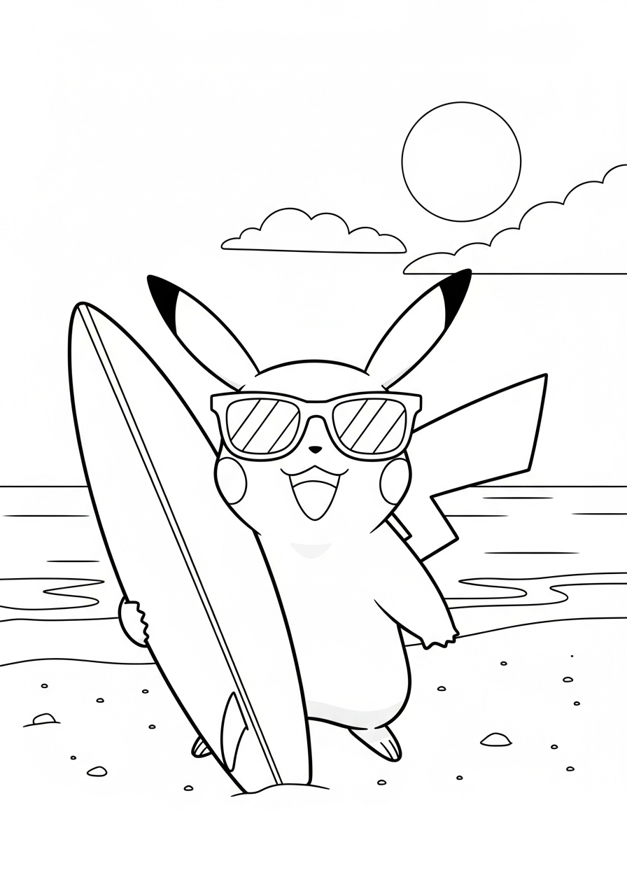 Pikachu Coloring Pages 29 Summer Pikachu on beach coloring page