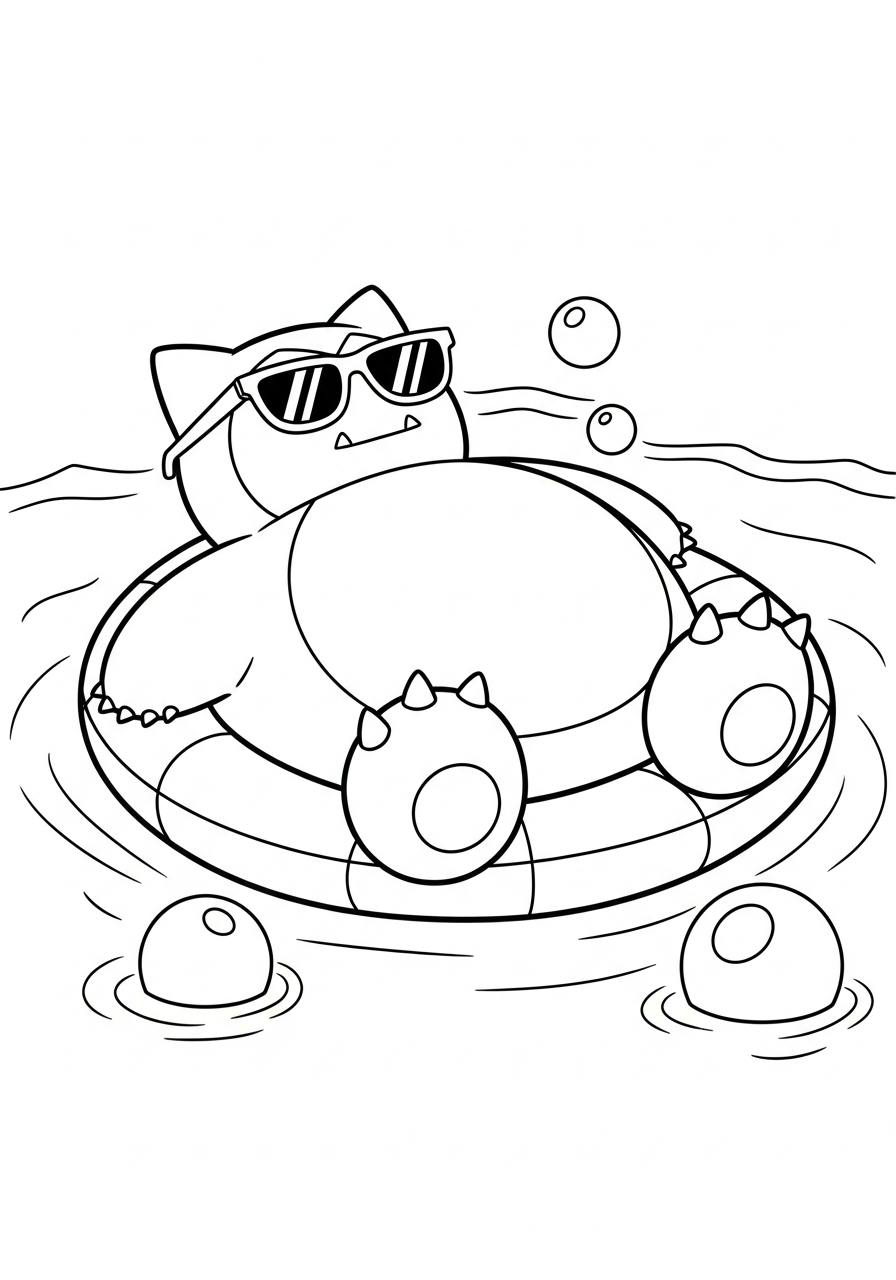 Snorlax Coloring Pages 27 Summer Snorlax floating in pool coloring page