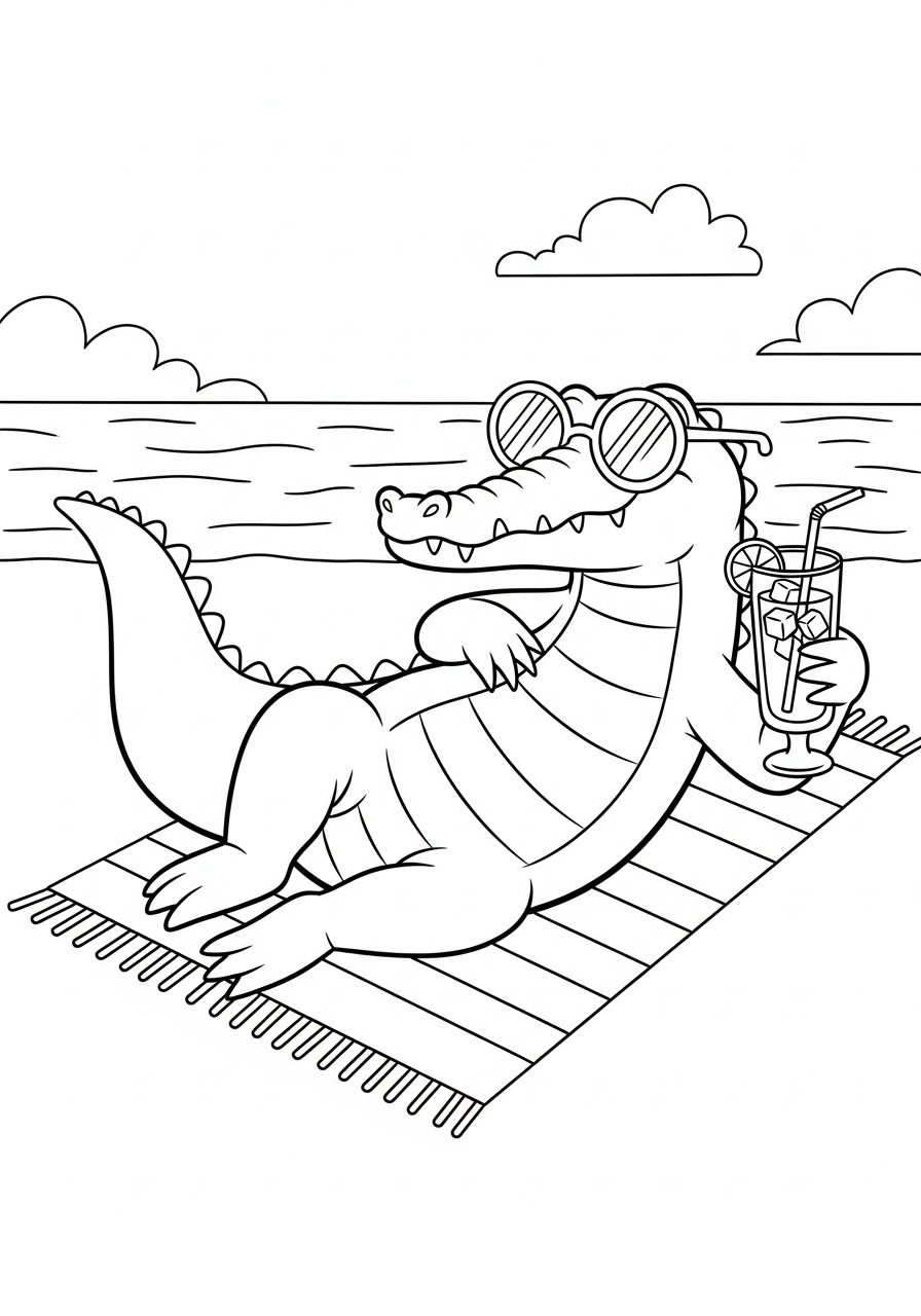 Alligator Coloring Pages 31 Summer alligator relaxing on beach coloring page