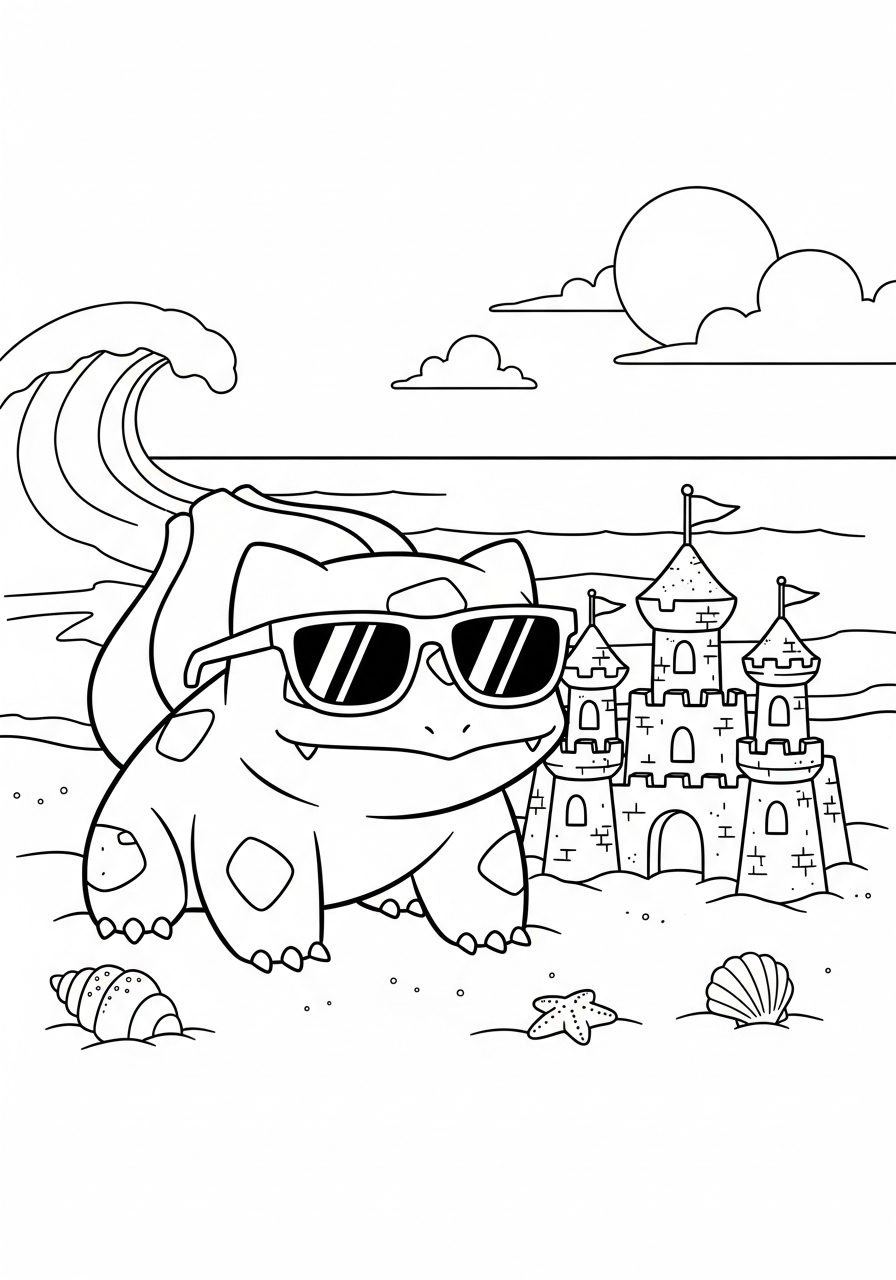 Bulbasaur Coloring Pages 28 Summer beach Bulbasaur sandcastle coloring page
