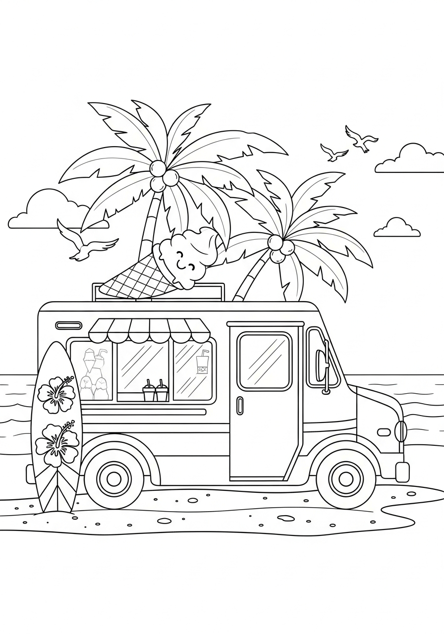 Summer beach scene ice cream truck coloring page