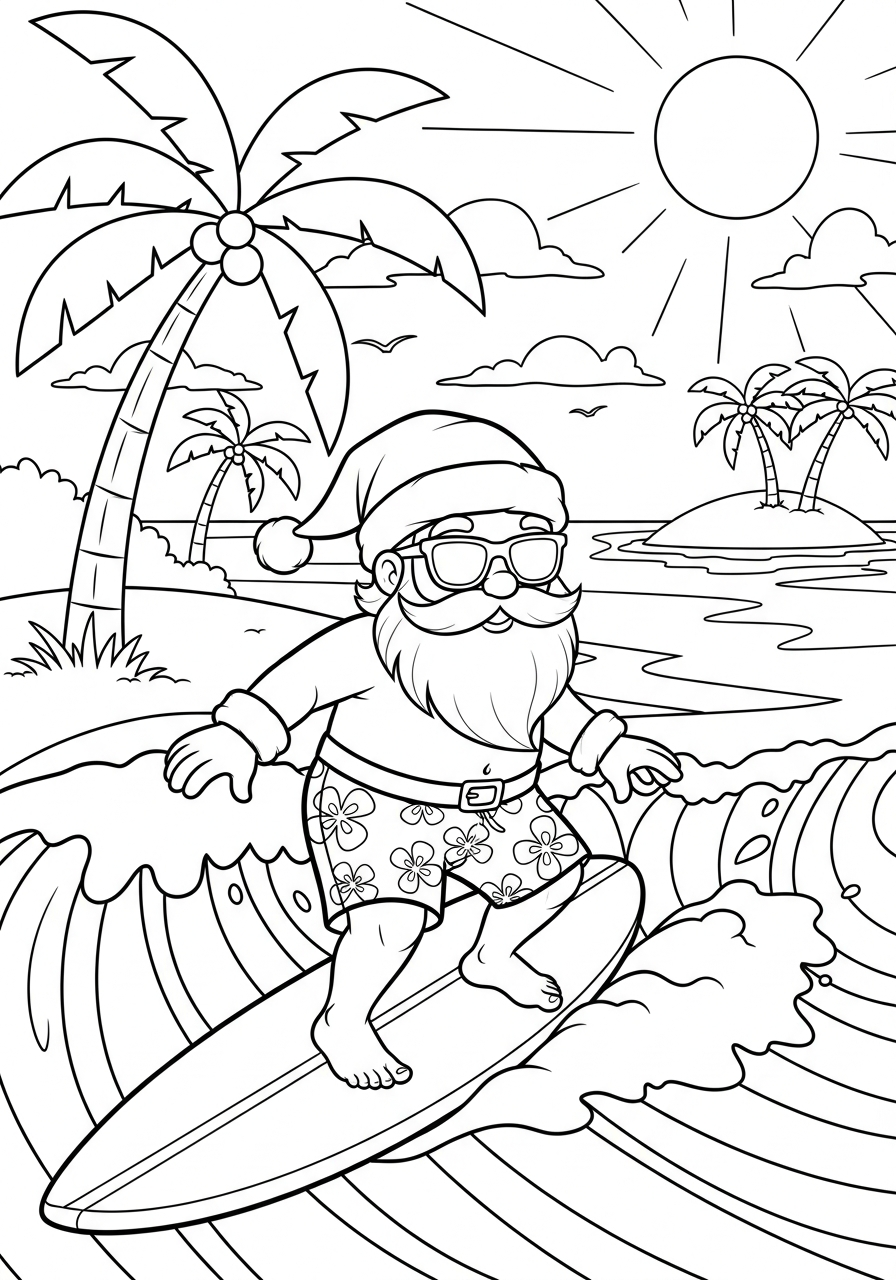 Santa Claus Coloring Pages 31 Surfing Santa in summer outfit coloring page