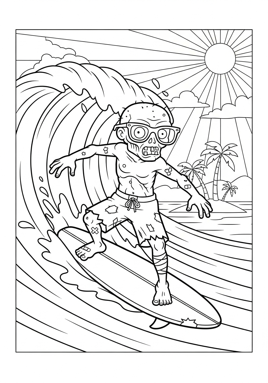 Zombie Coloring Pages 28 Surfing zombie on big wave coloring page
