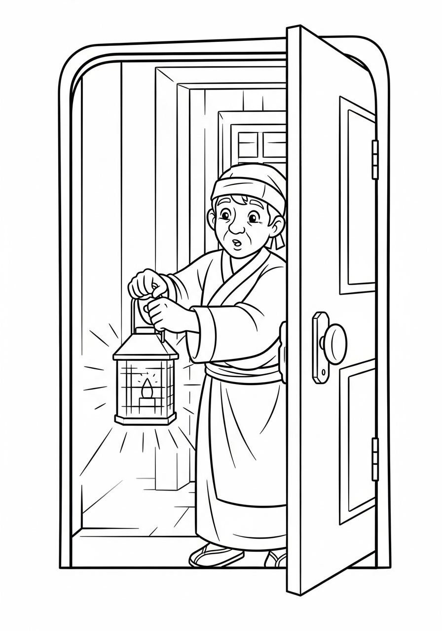 Las Posadas Coloring Pages 28 Surprised innkeeper holding bright lantern coloring page