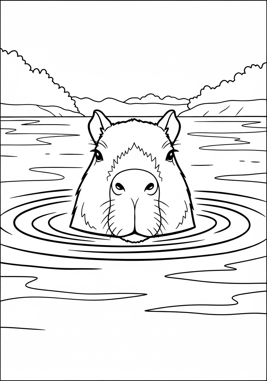 Capybara Coloring Pages 29 Swimming capybara in river coloring page