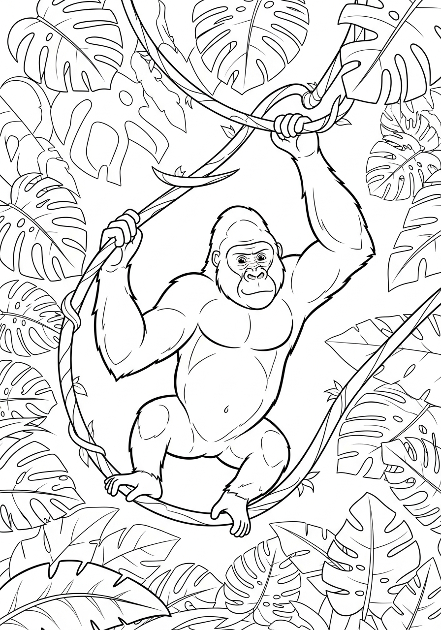 Gorilla Coloring Pages 28 Swinging gorilla on vine coloring page