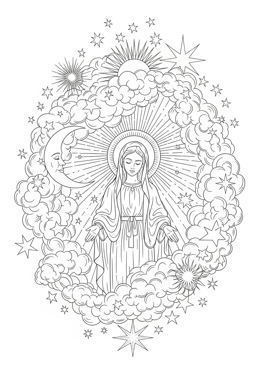 Swirling celestial clouds around Mary coloring page