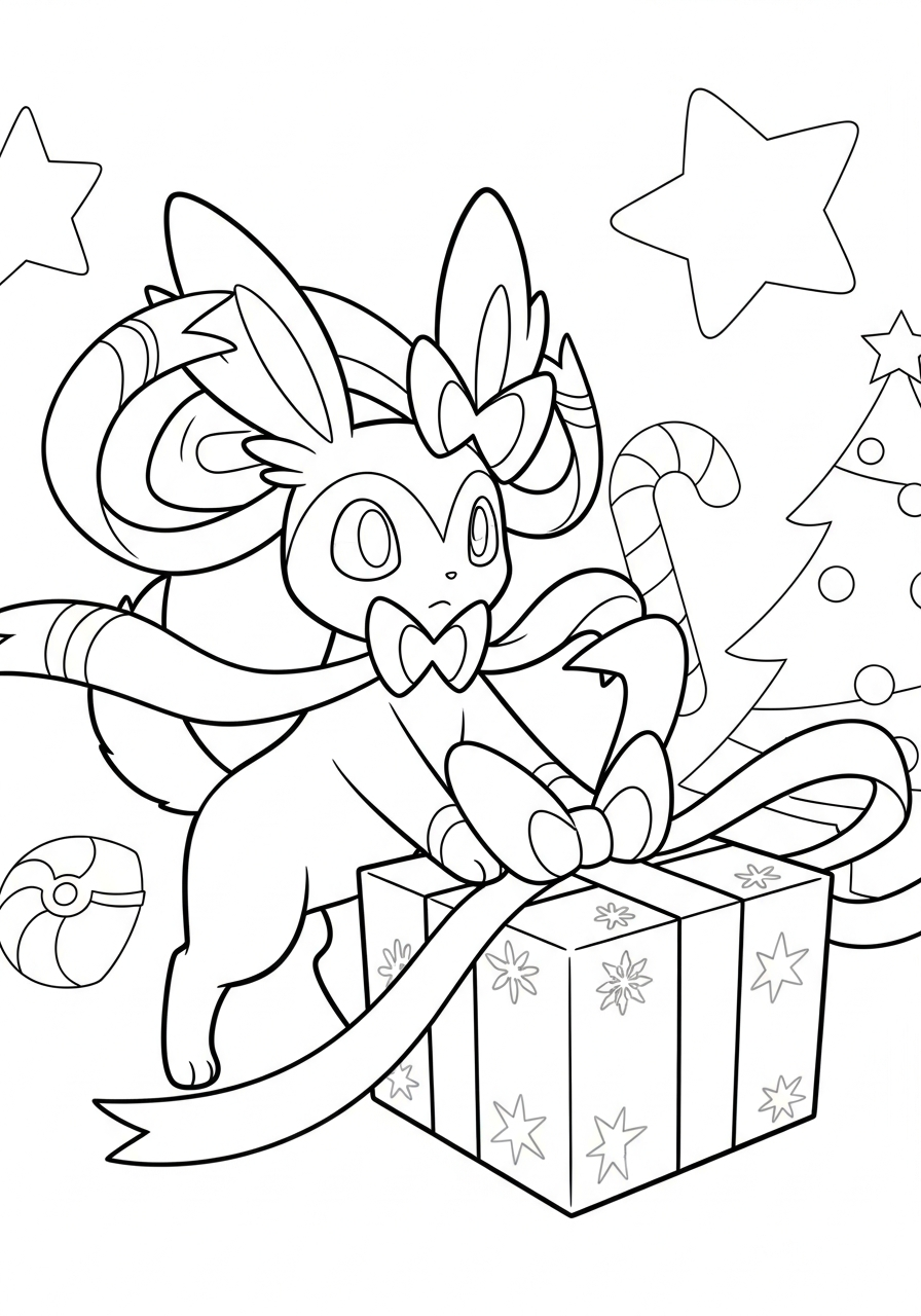 Pokemon Christmas Coloring Pages 24 Sylveon wrapping gift bow coloring page