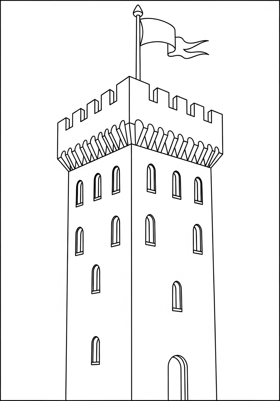 Castle Coloring Pages 22 Tall central castle tower keep coloring page