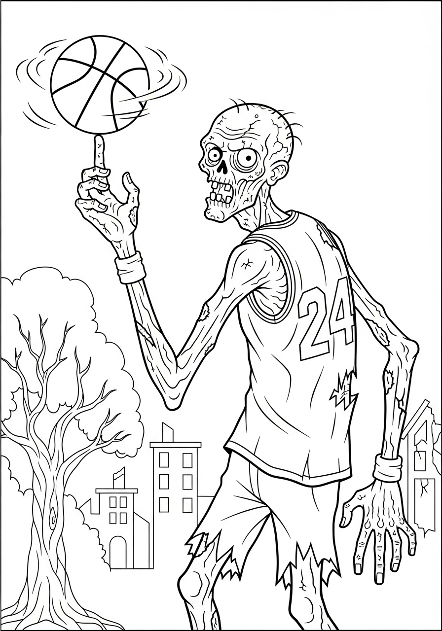 Zombie Coloring Pages 29 Tall zombie spinning basketball sports coloring page