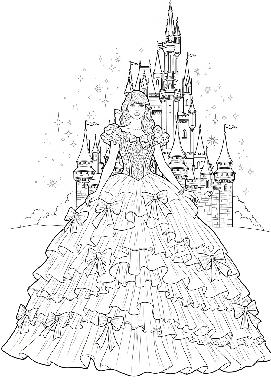 Taylor Swift Coloring Pages 30 Taylor Swift wearing princess ballgown coloring page